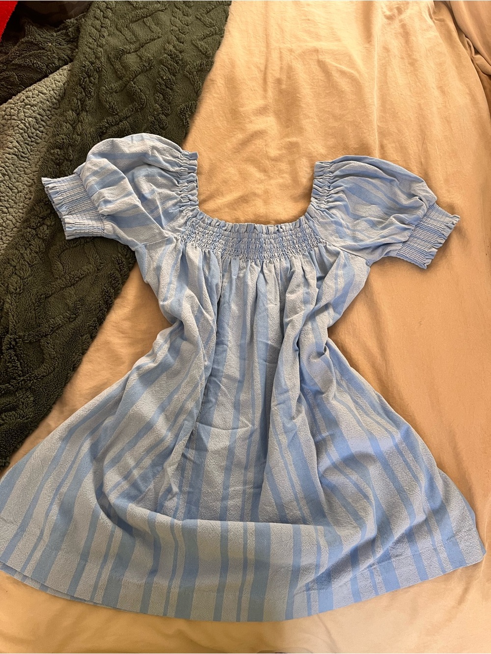 Light Blue Striped Puff Sleeve freest mini sun Dress